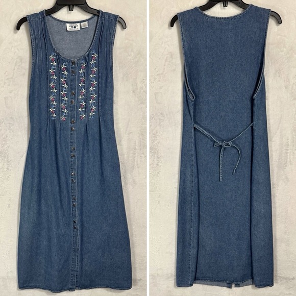 Vintage Embroidered Denim Midi Jumper Dress Size L Button Front Boho Cottage 90s - Picture 6 of 12